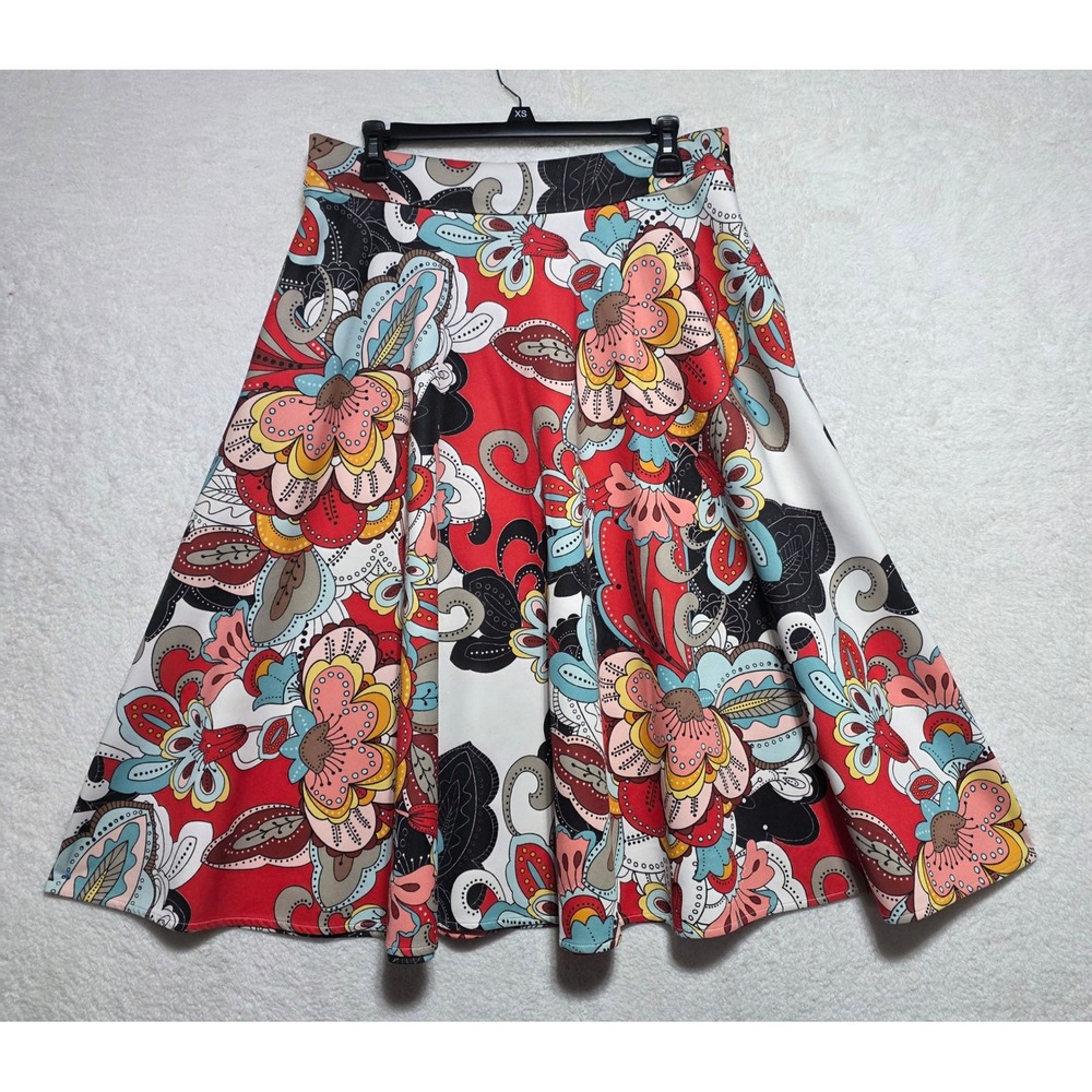 New York & Company Stretch Floral Midi Skirt Red Multi A-Line Size M